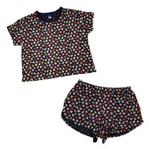 Old Navy Sunday Sleep Pajama T-Shirt & Shorts Lounge Set Size Medium Grey Hearts